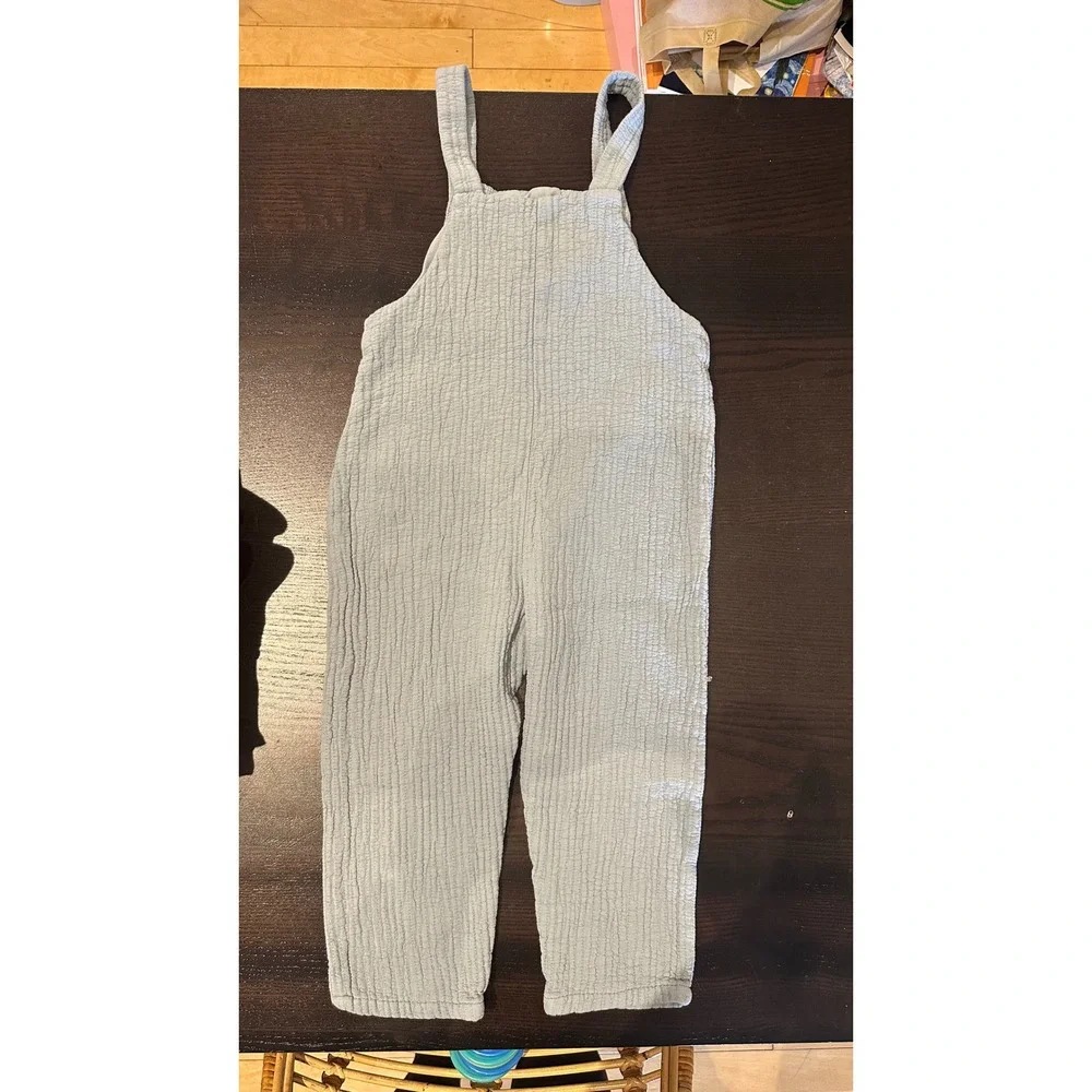 Zara Kids Unisex Blue Textured Cotton Gauze Bib Overalls Size 2-3 Years